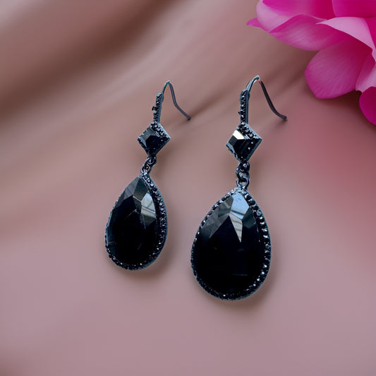 Jet Black Small Square with Teardrop Drop Earrings - Reed House of Jewels