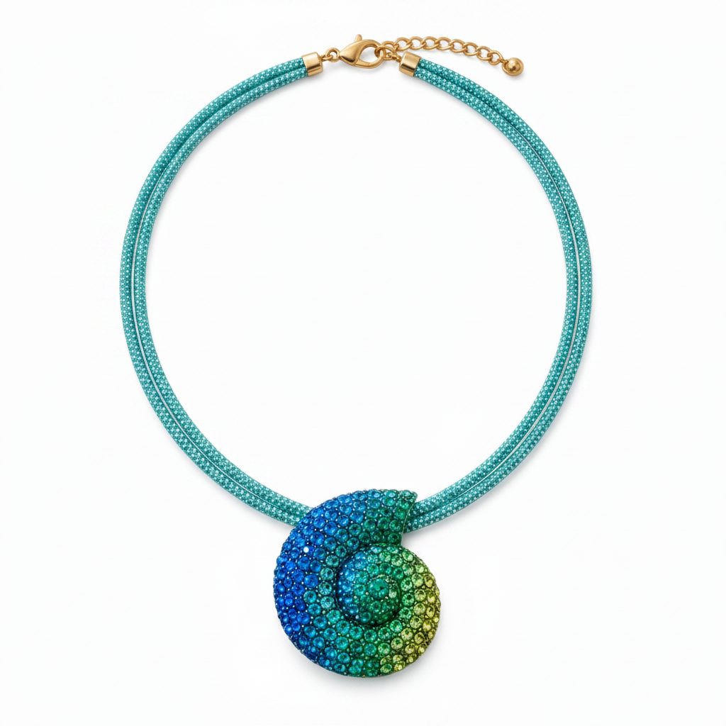 Mermaid Jewels Multi-Strand Teal Crystal Nautilus Shell Necklace