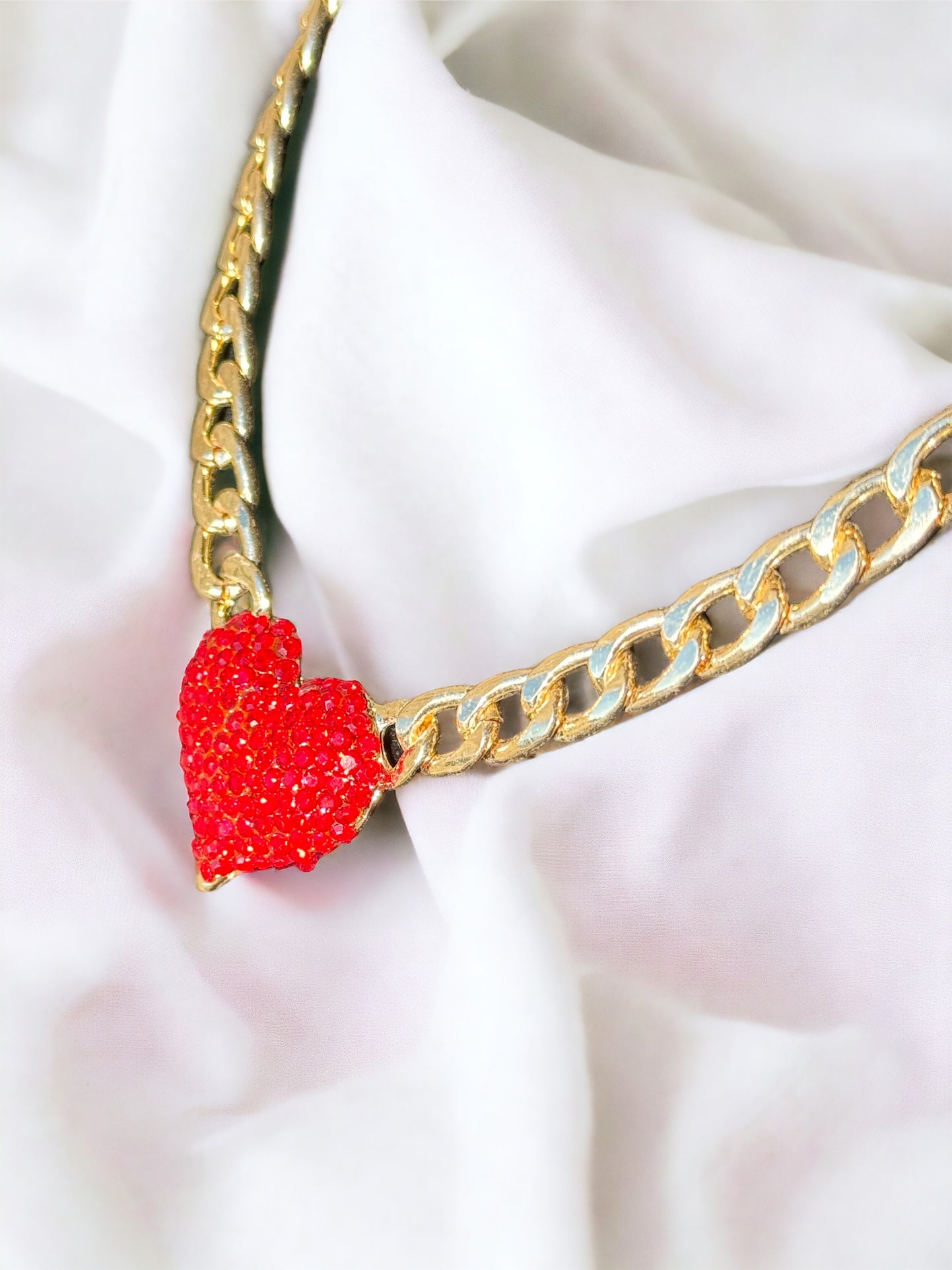 Red Heart Rhinestone Pave Chunky Metal Chain Necklace - Reed House of Jewels