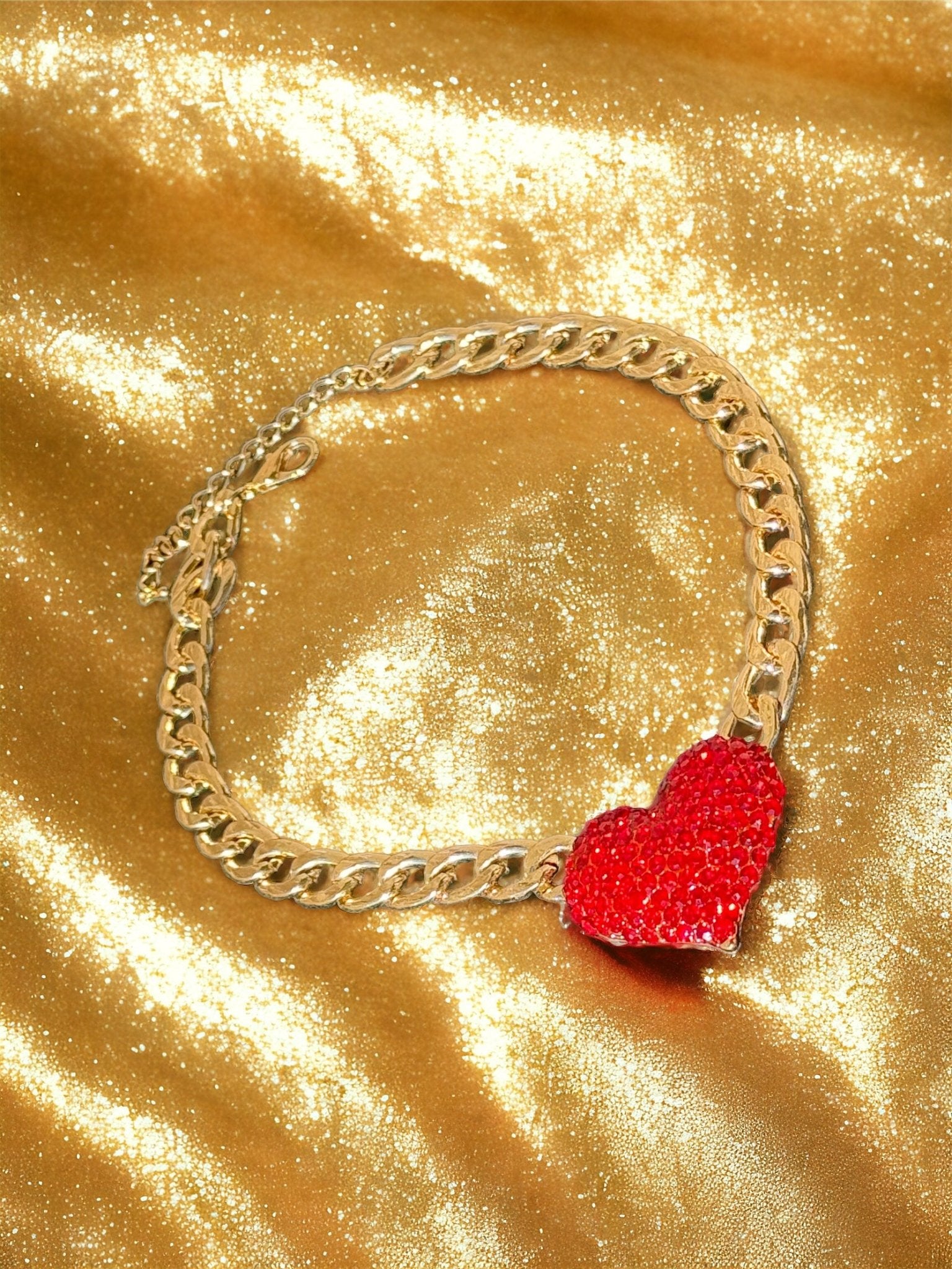 Red Heart Rhinestone Pave Chunky Metal Chain Necklace - Reed House of Jewels