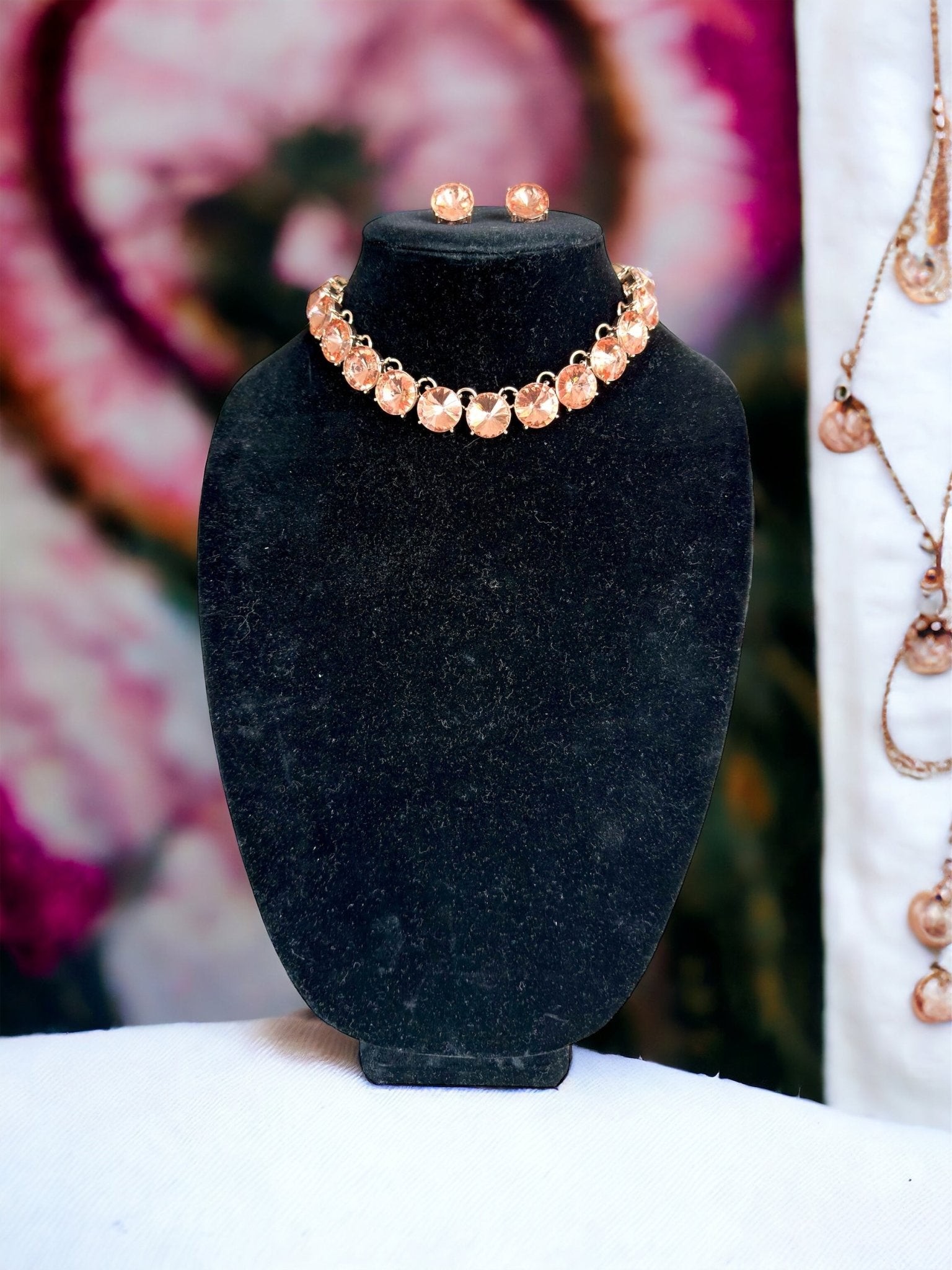 Peach Round Stone Link Evening Necklace and Earring Set - Reed House of Jewels