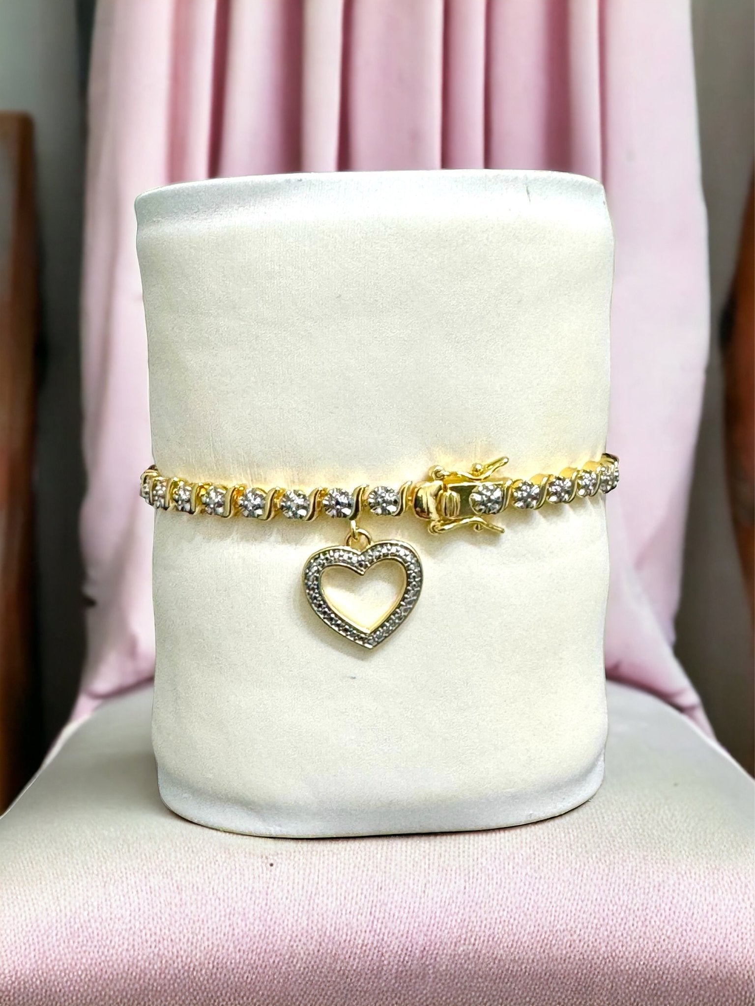 Gold and Diamond Accent 7.25 Inch Heart Charm Tennis Bracelet - Reed House of Jewels