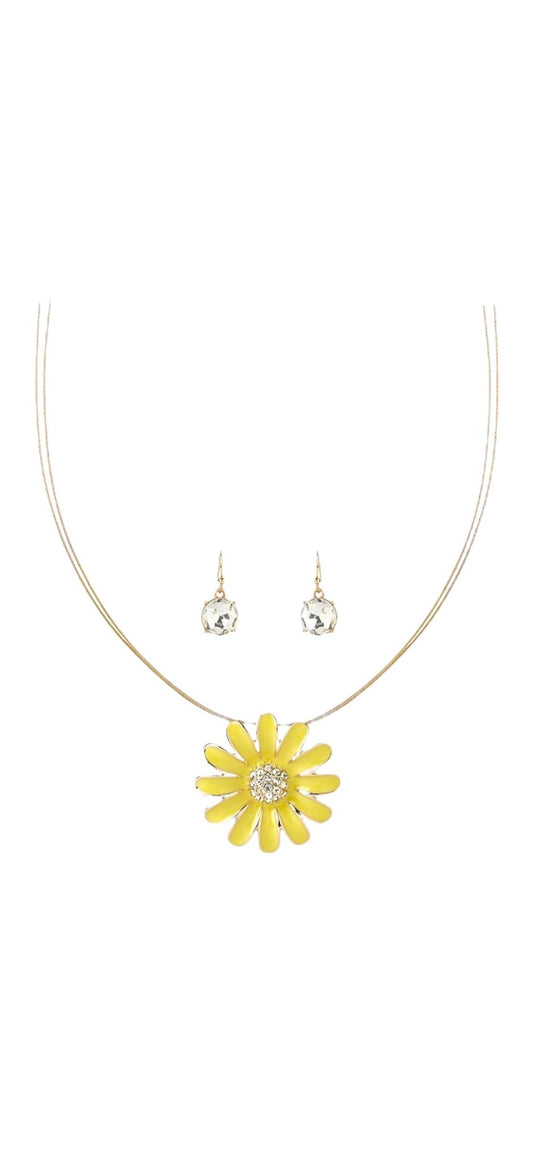 Gold Tone Coil Yellow Flower Pendant Necklace and Drop Earring Set - Reed House of Jewels