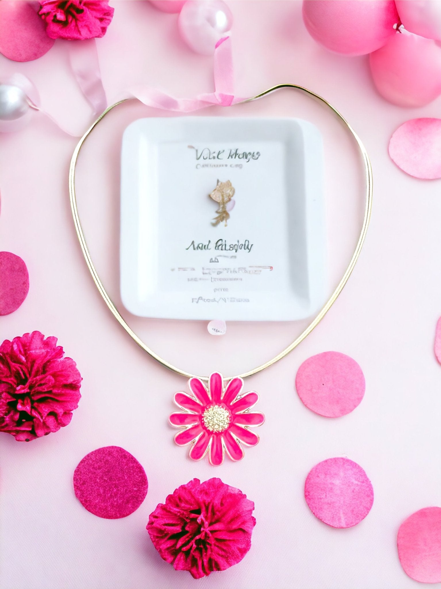 Silver Tone Coil Pink Flower Pendant Necklace and Drop Earring Set - Reed House of Jewels