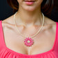 Silver Tone Coil Pink Flower Pendant Necklace and Drop Earring Set - Reed House of Jewels