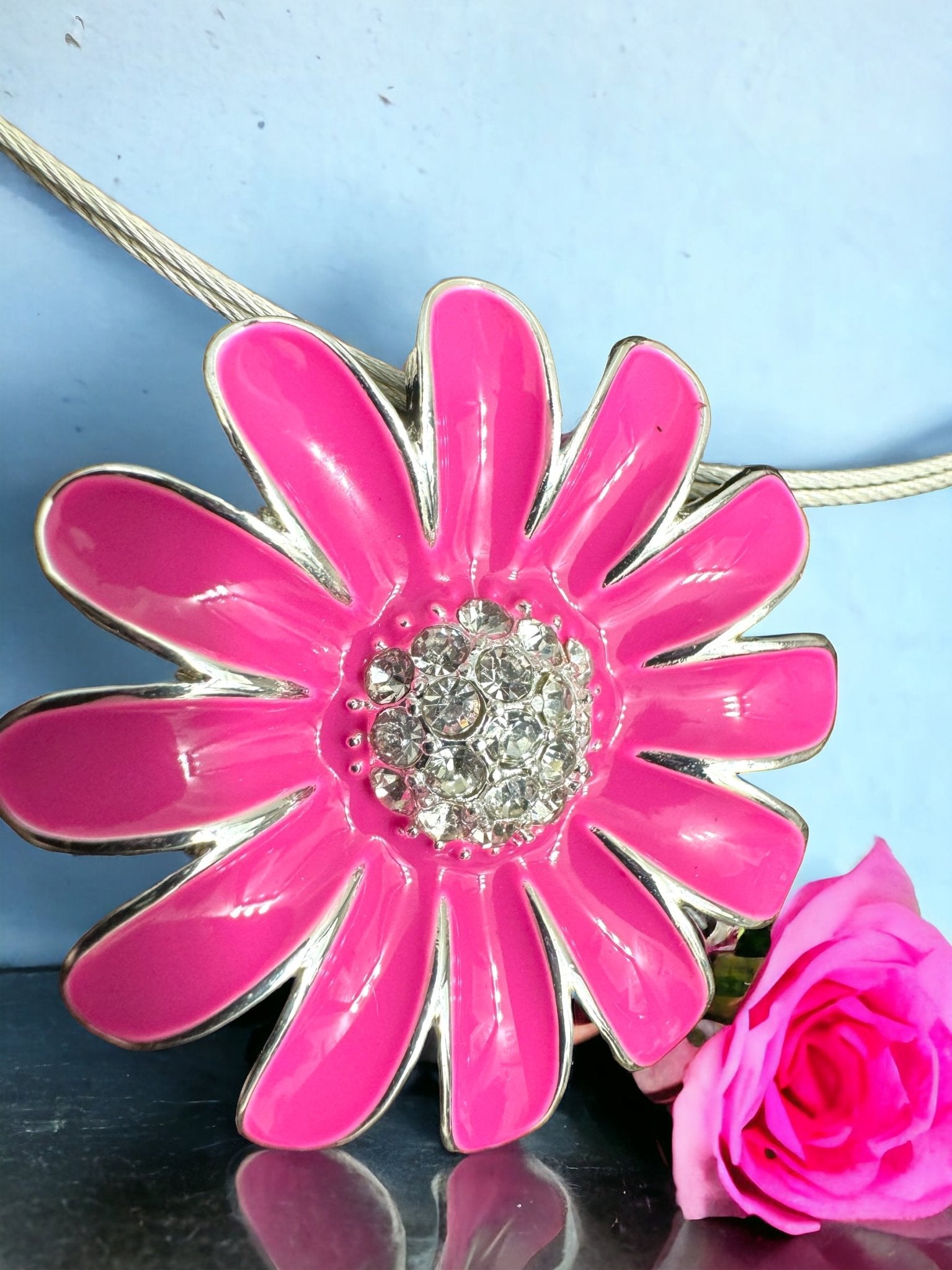 Silver Tone Coil Pink Flower Pendant Necklace and Drop Earring Set - Reed House of Jewels