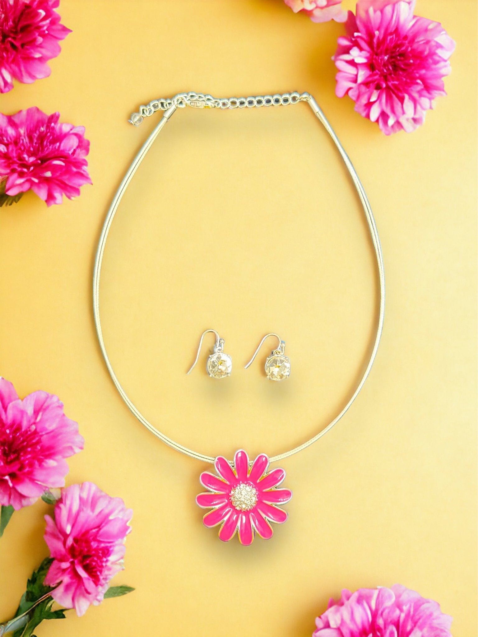 Silver Tone Coil Pink Flower Pendant Necklace and Drop Earring Set - Reed House of Jewels