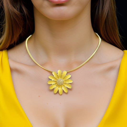 Gold Tone Coil Yellow Flower Pendant Necklace and Drop Earring Set - Reed House of Jewels