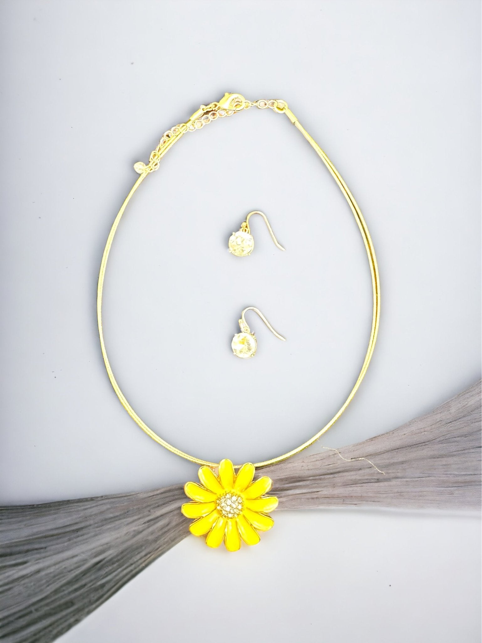 Gold Tone Coil Yellow Flower Pendant Necklace and Drop Earring Set - Reed House of Jewels