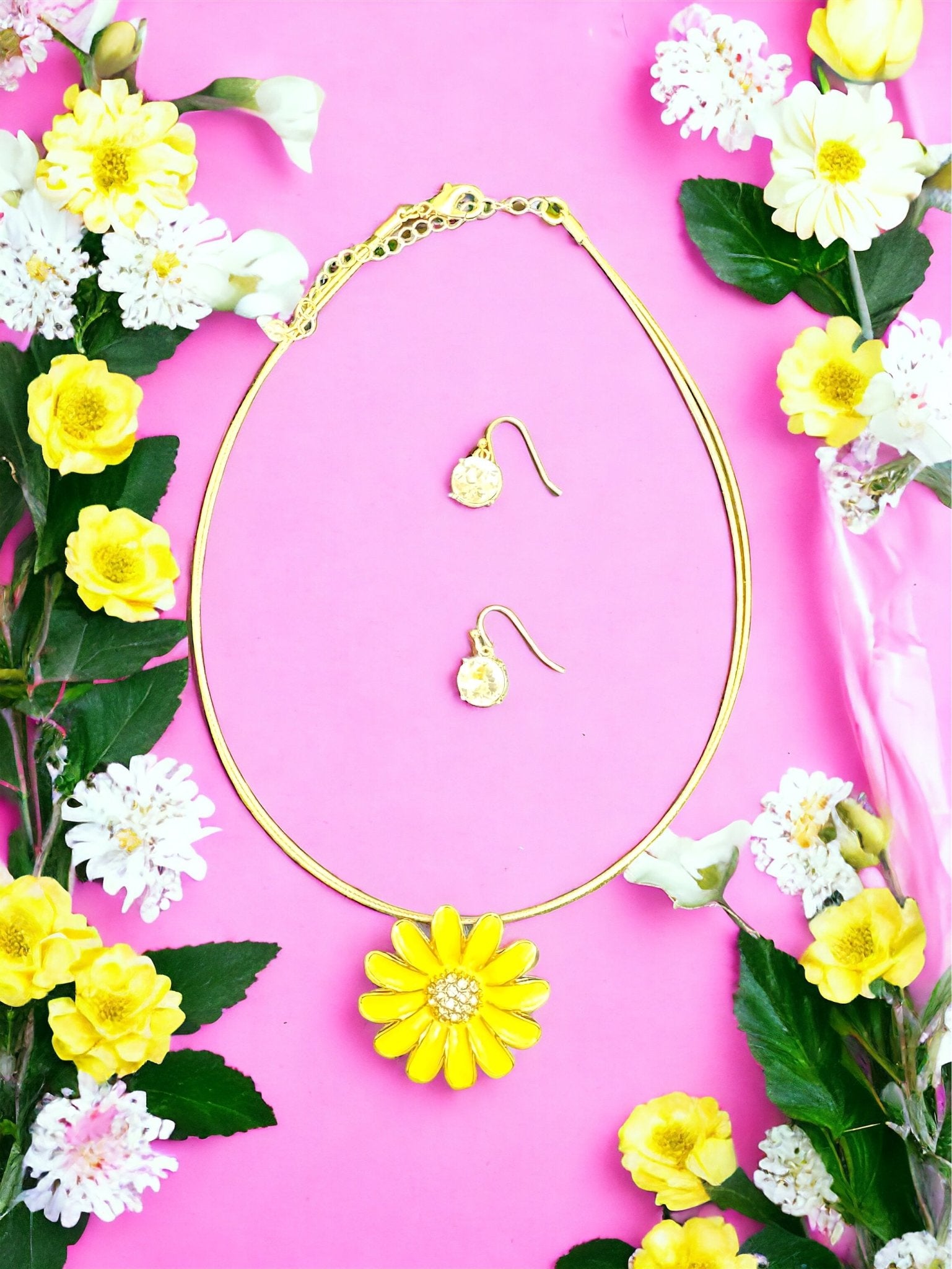 Gold Tone Coil Yellow Flower Pendant Necklace and Drop Earring Set - Reed House of Jewels