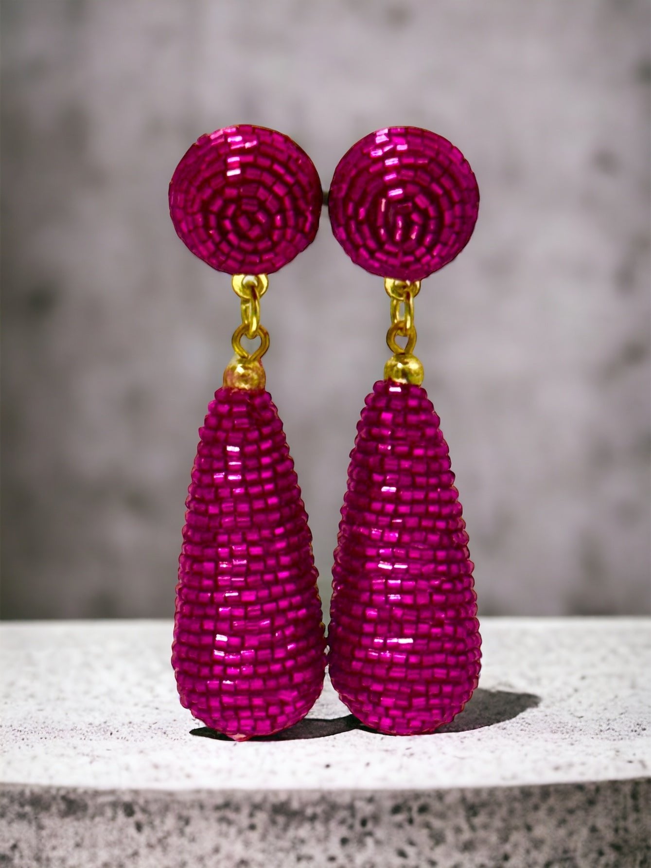 Gold Tone Pink Beaded Teardrop Earrings - Reed House of Jewels