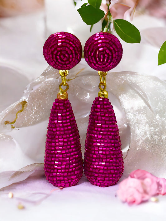 Gold Tone Pink Beaded Teardrop Earrings - Reed House of Jewels