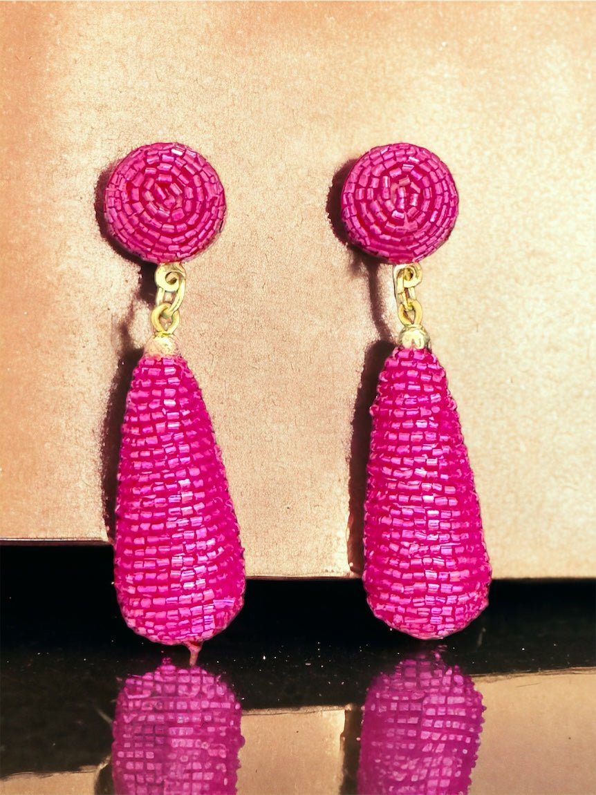 Gold Tone Pink Beaded Teardrop Earrings - Reed House of Jewels