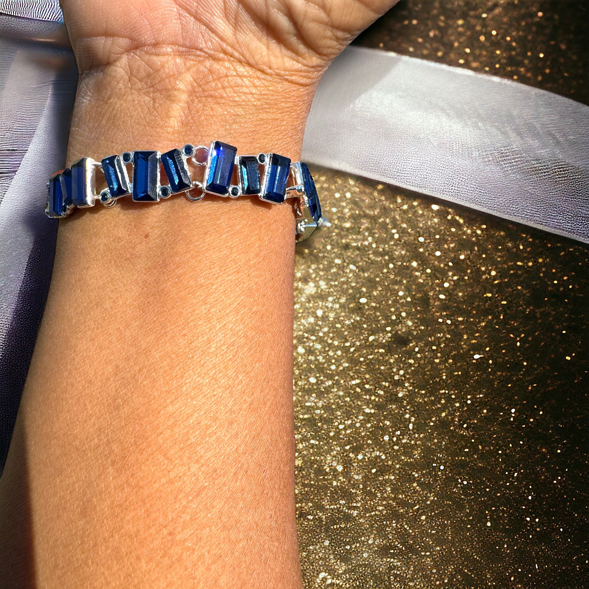 Silver - Tone Baguette Navy Blue Stone Flex Bracelet - Reed House of Jewels