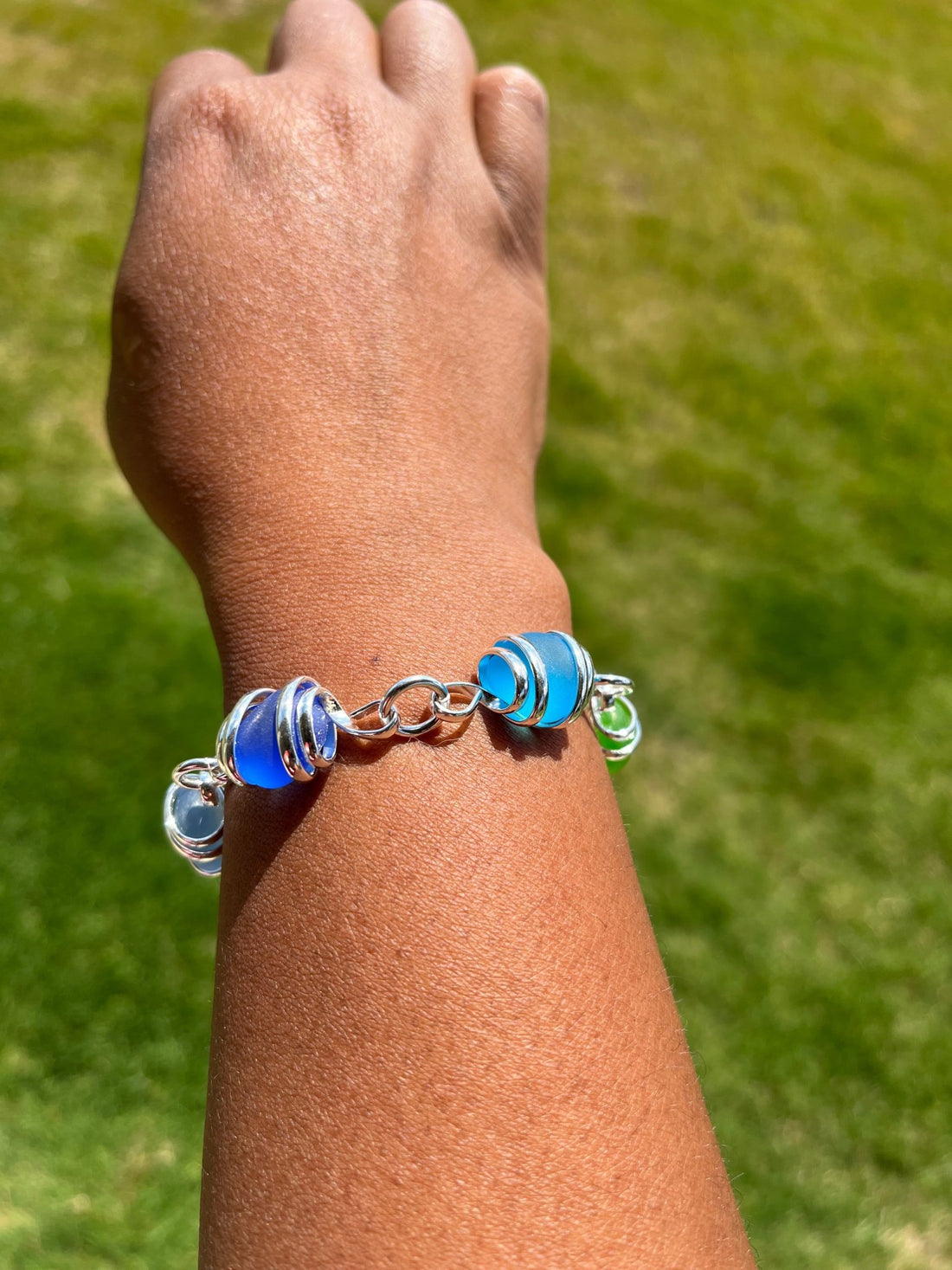 Cultured Sea Glass Linked Bracelet - Blue/Green Multi - Reed House of Jewels