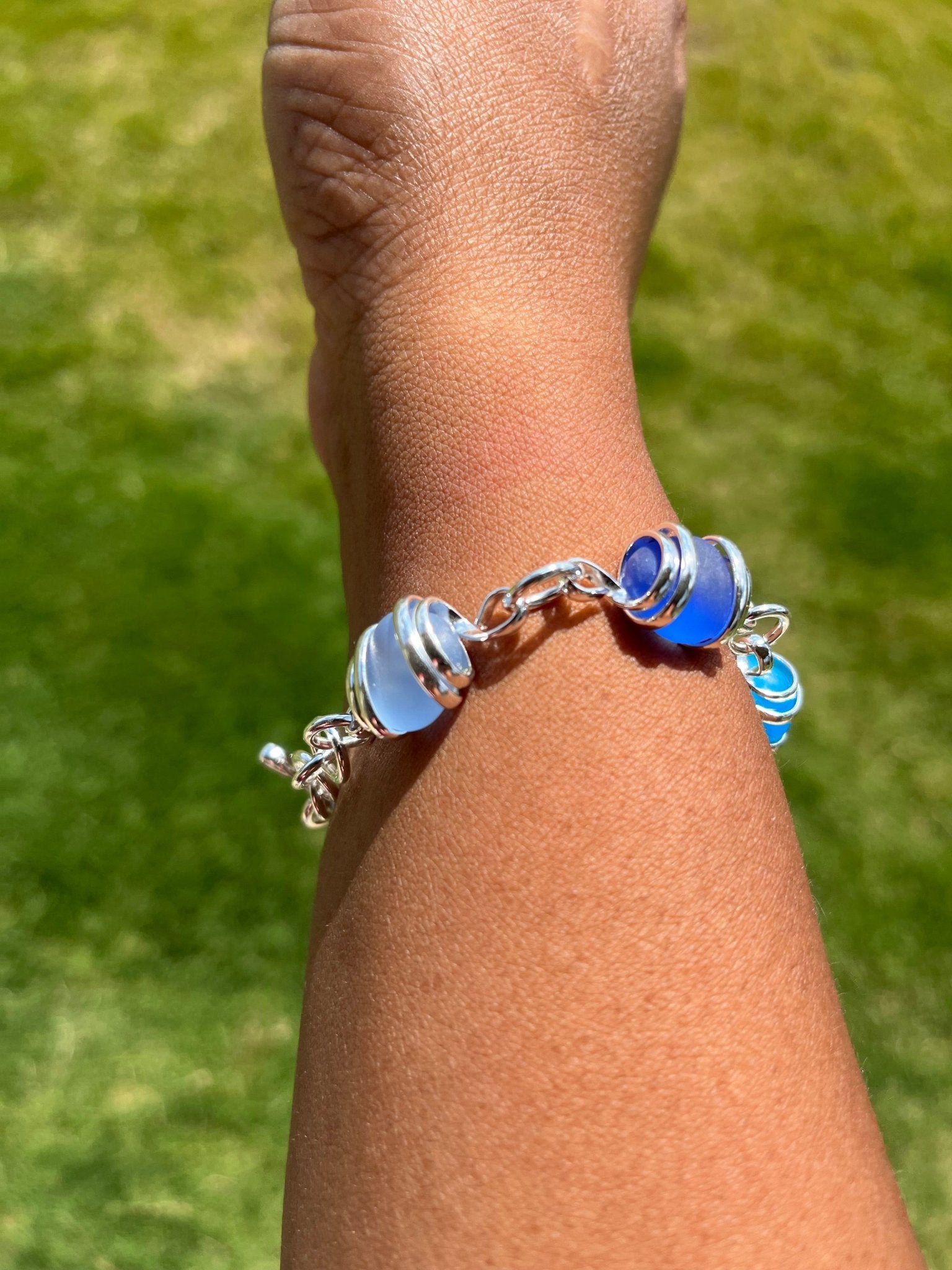 Cultured Sea Glass Linked Bracelet - Blue/Green Multi - Reed House of Jewels