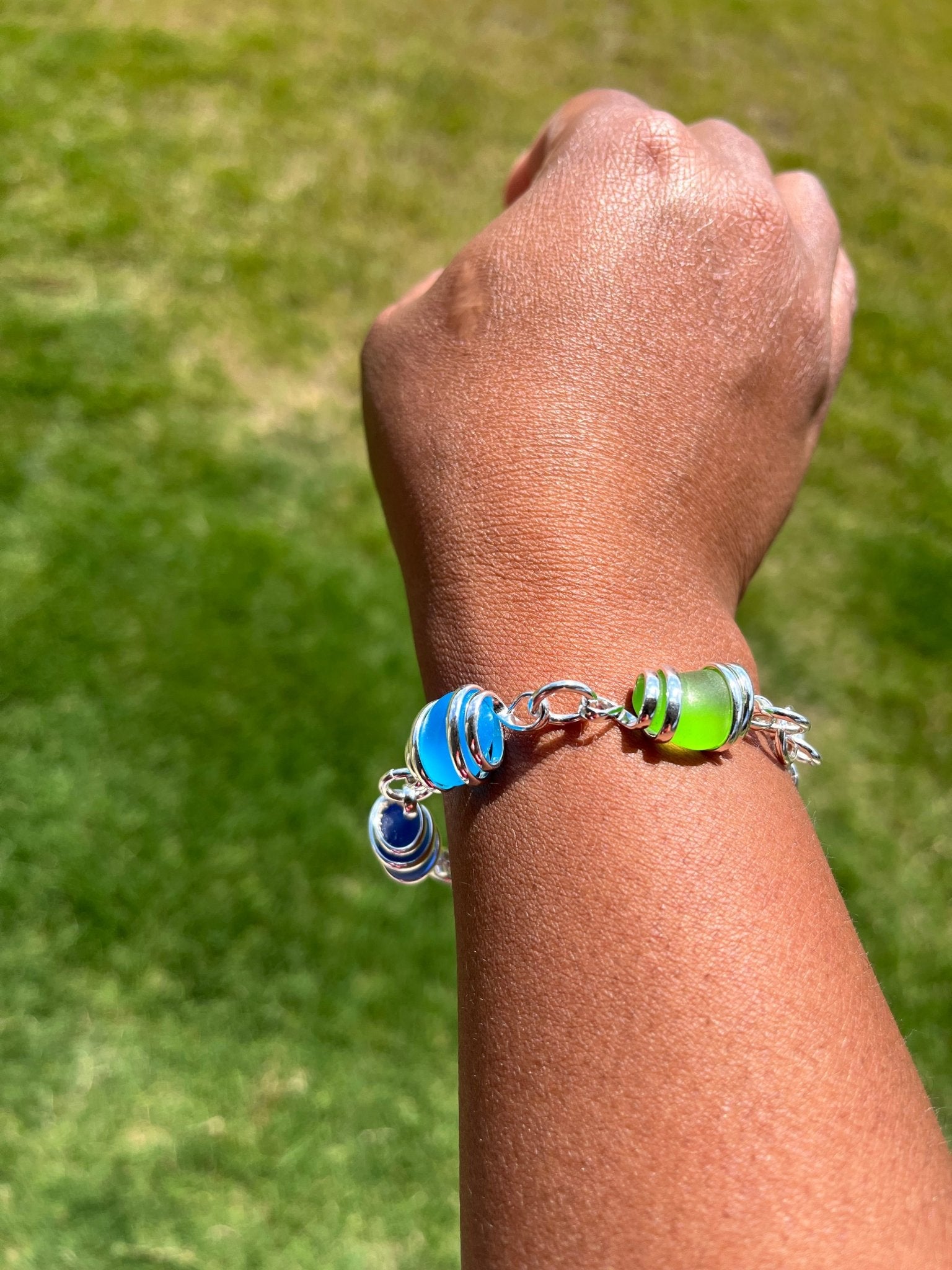 Cultured Sea Glass Linked Bracelet - Blue/Green Multi - Reed House of Jewels