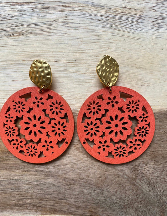 Orange/Gold Wooden Floral Clip Earrings - Reed House of Jewels