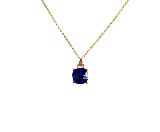 Gold Tone and Sapphire Blue Square Pendant Necklace - Reed House of Jewels