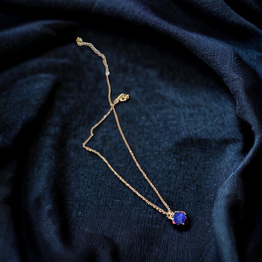 Gold Tone and Sapphire Blue Square Pendant Necklace - Reed House of Jewels