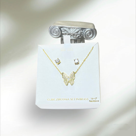 Gold Tone and Crystal Small Butterfly Necklace/Earring Set - Reed House of Jewels