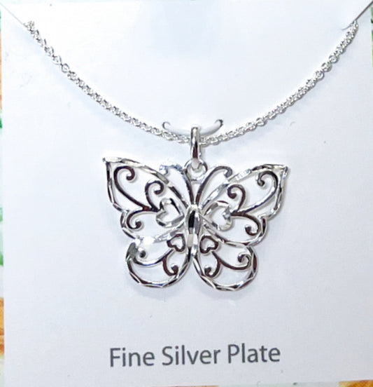 Silver Tone Small Filigree Pattern Butterfly Necklace - Reed House of Jewels