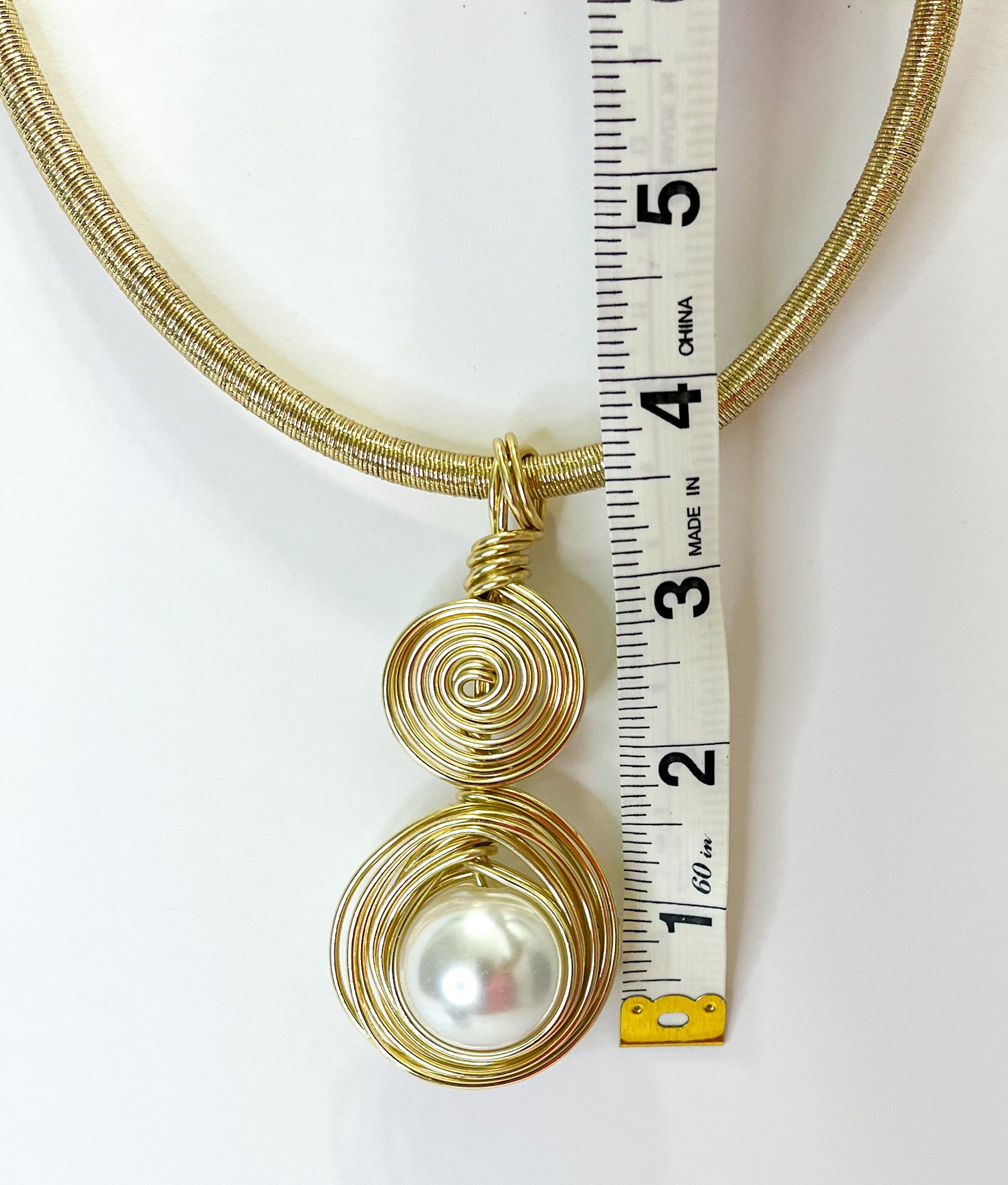 Gold Tone Wrapped Necklace with Gold and Faux Pearl Pendant - Reed House of Jewels