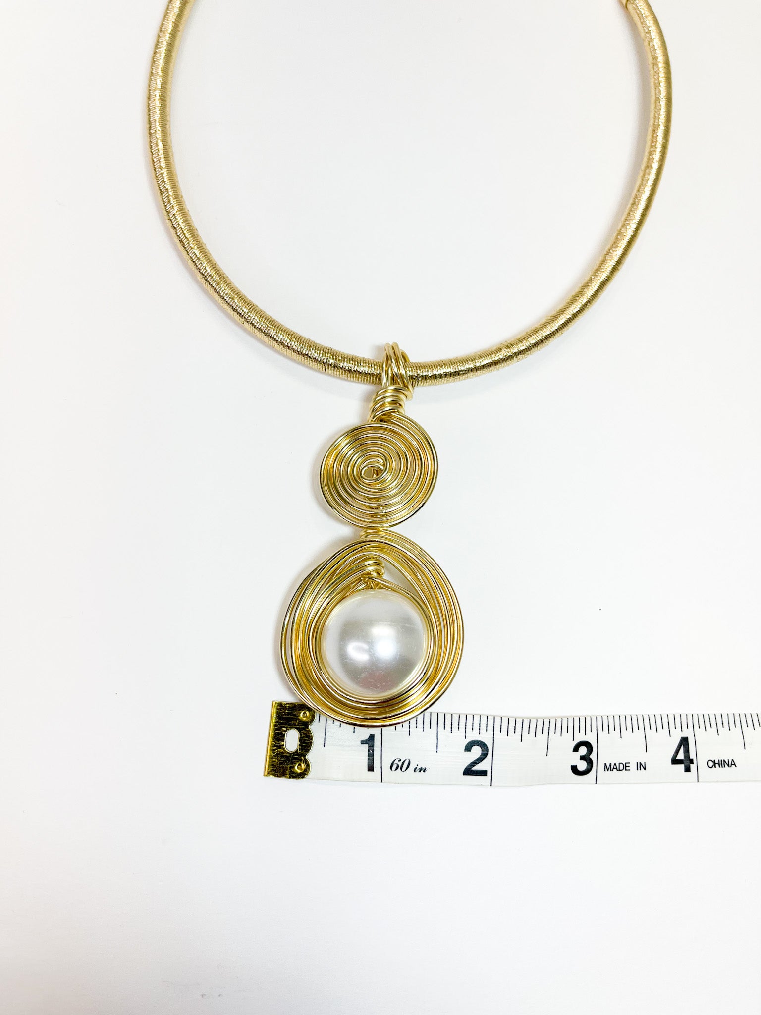 Gold Tone Wrapped Necklace with Gold and Faux Pearl Pendant - Reed House of Jewels