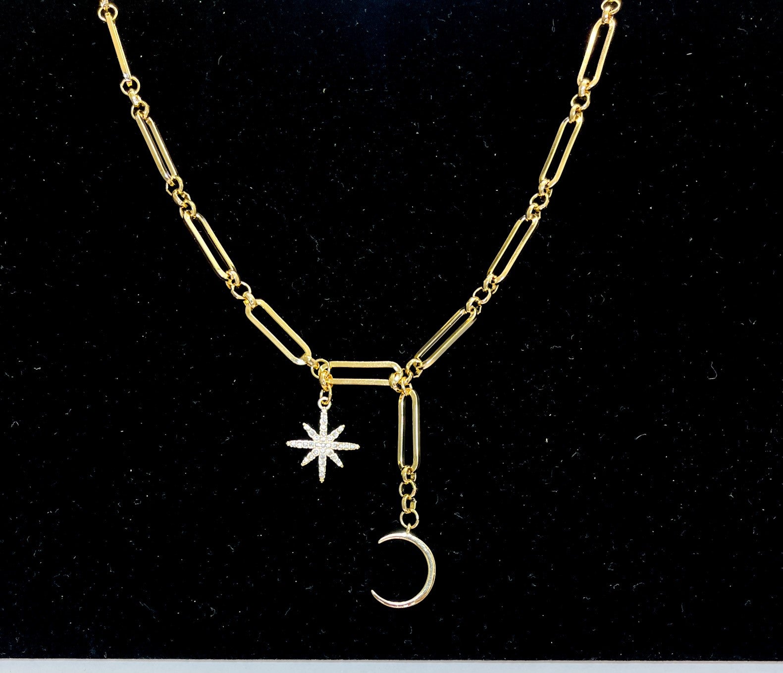 Star and Moon Gold Tone and Crystal 19" + 3" Necklace - Reed House of Jewels