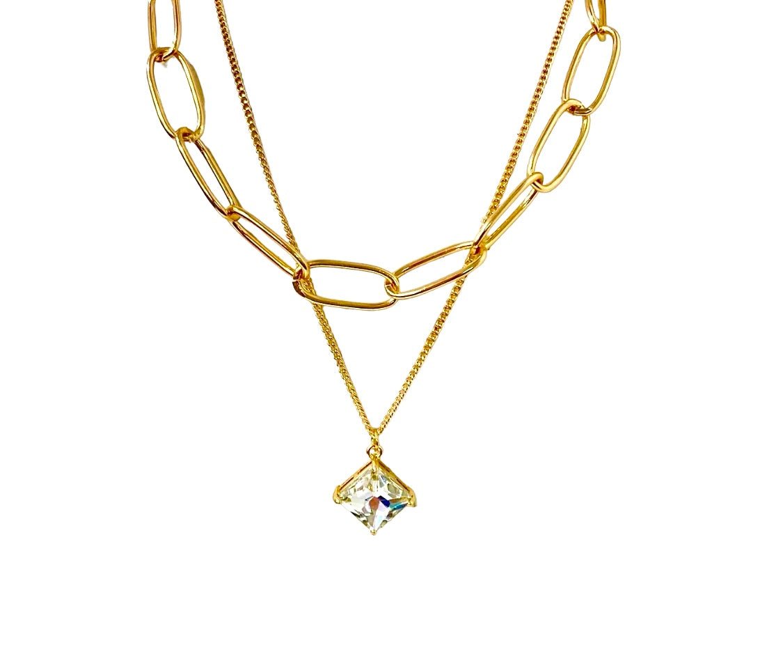 Two Layer Chunky Gold Tone Necklace with Square Stone - Reed House of Jewels