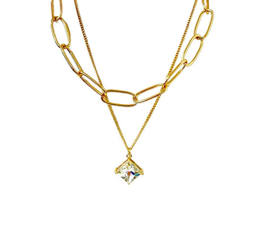 Two Layer Chunky Gold Tone Necklace with Square Stone - Reed House of Jewels