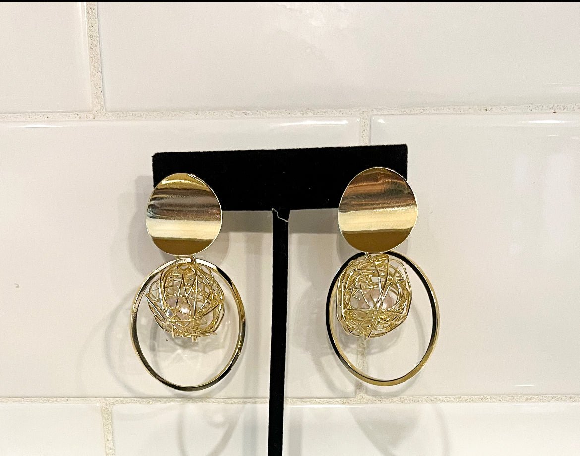 Gold Tone Faux Pearl Ball and Geometric Circle Drop Earrings - Reed House of Jewels
