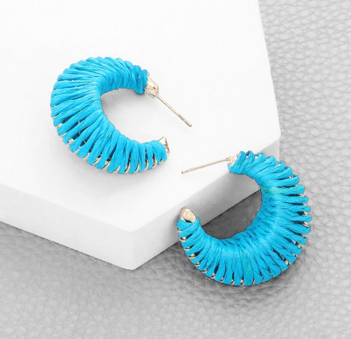 Teal Raffia Wrapped Hoop Earrings - Reed House of Jewels