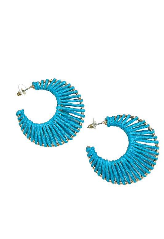 Teal Raffia Wrapped Hoop Earrings - Reed House of Jewels