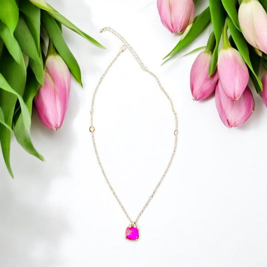 Gold Tone and Fuchsia Square Pendant Necklace - Reed House of Jewels