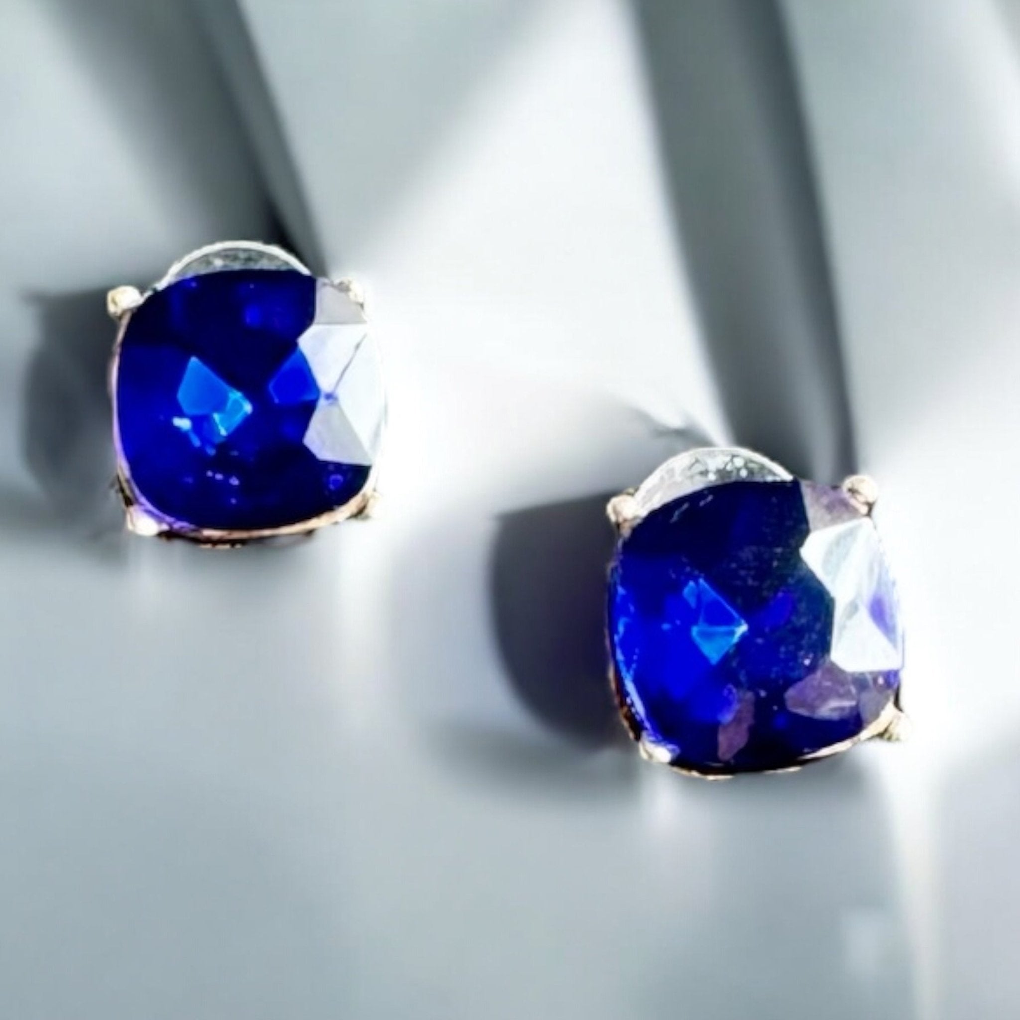Gold Tone and Sapphire Blue Square Earrings - Reed House of Jewels