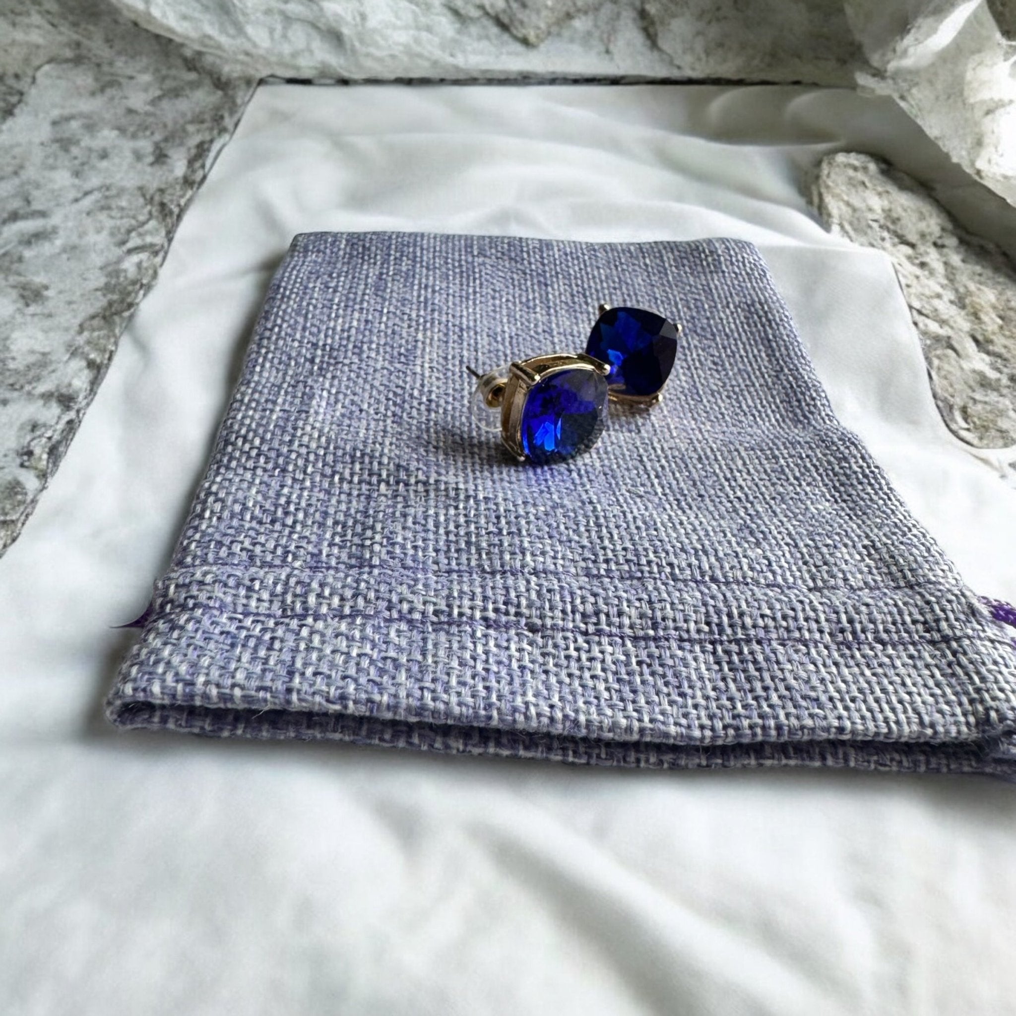 Gold Tone and Sapphire Blue Square Earrings - Reed House of Jewels