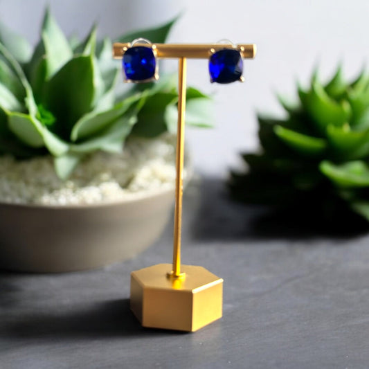 Gold Tone and Sapphire Blue Square Earrings - Reed House of Jewels