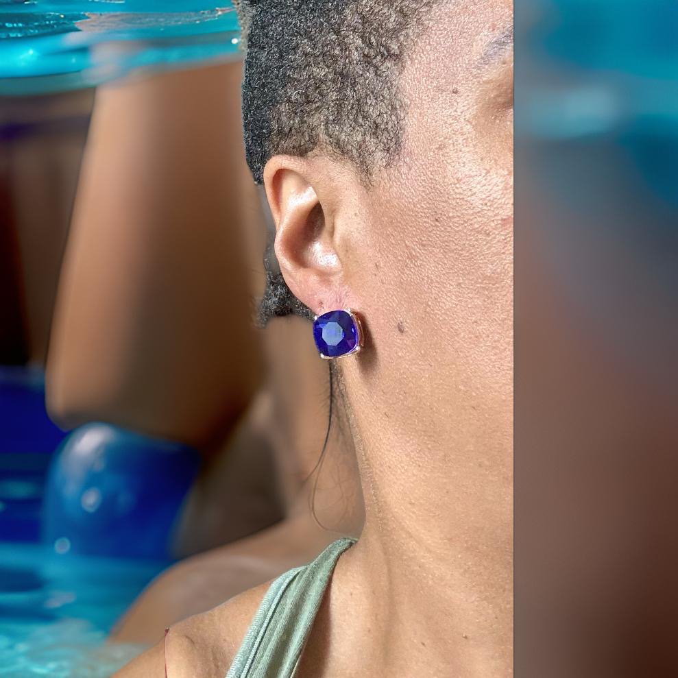 Gold Tone and Sapphire Blue Square Earrings - Reed House of Jewels