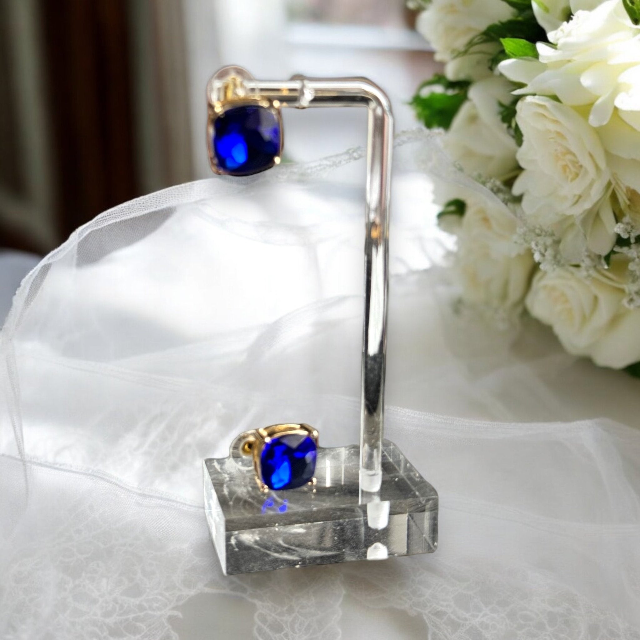 Gold Tone and Sapphire Blue Square Earrings - Reed House of Jewels