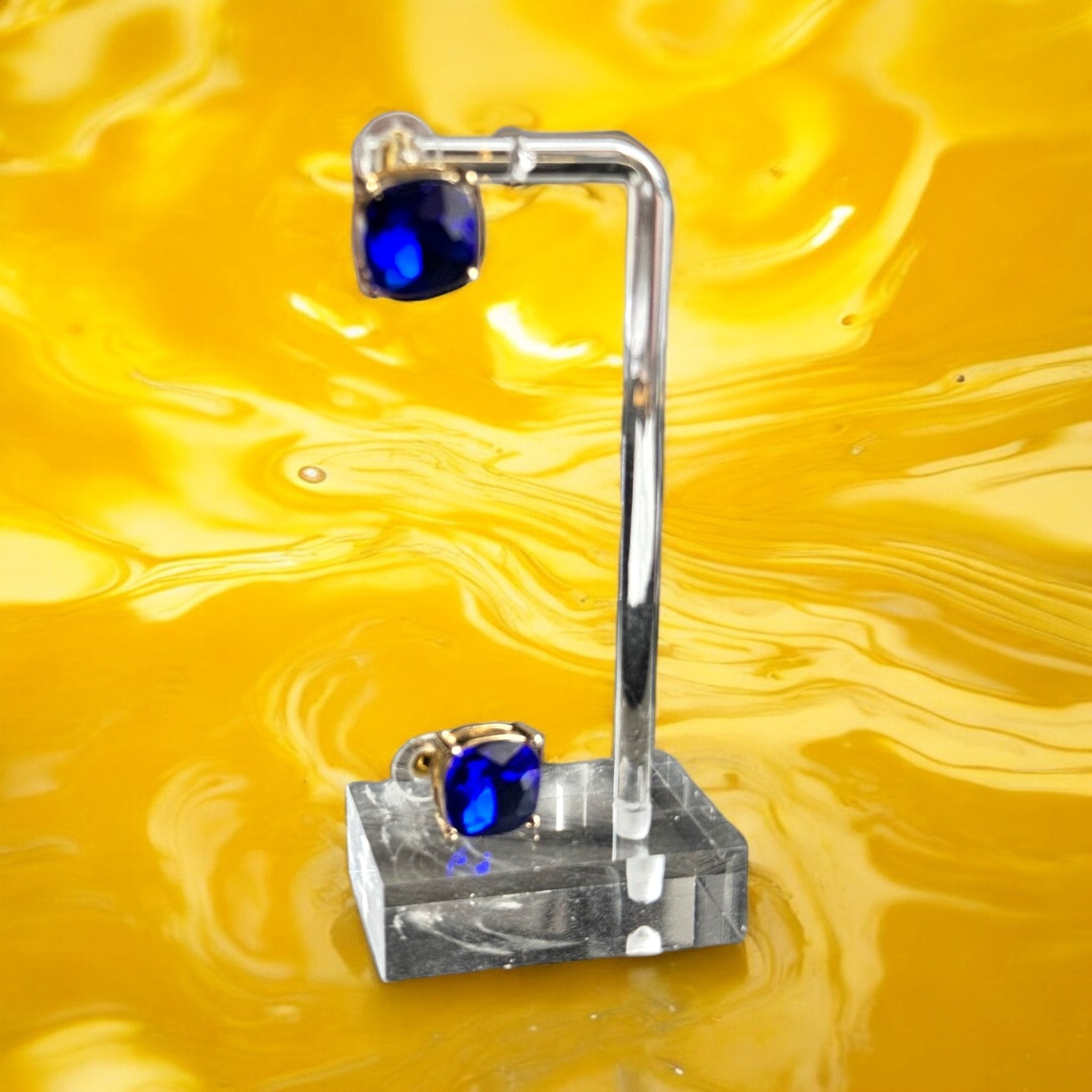 Gold Tone and Sapphire Blue Square Earrings - Reed House of Jewels