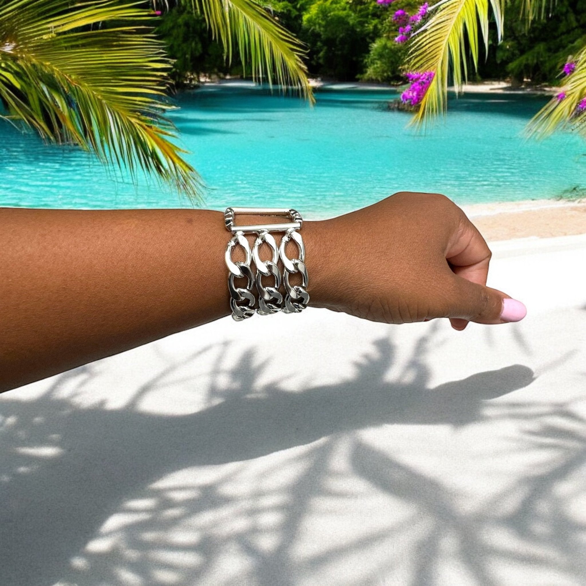 Three Cuban Chain Silver Tone Bracelet - Chunky - Reed House of Jewels