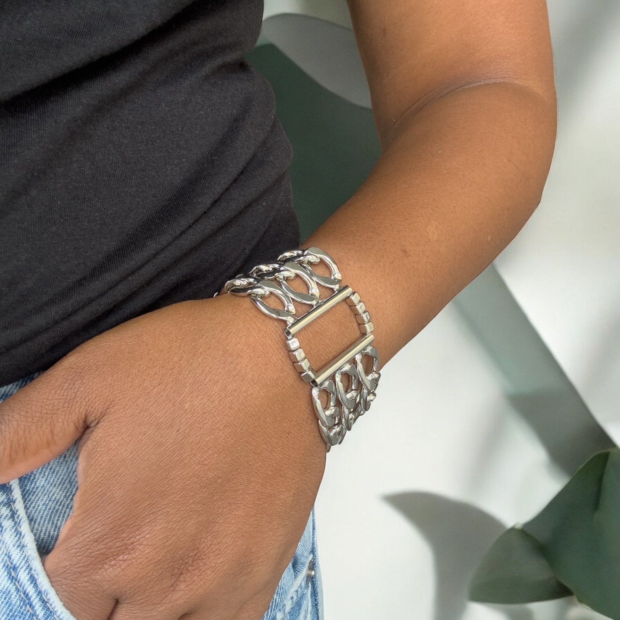 Three Cuban Chain Silver Tone Bracelet - Chunky - Reed House of Jewels