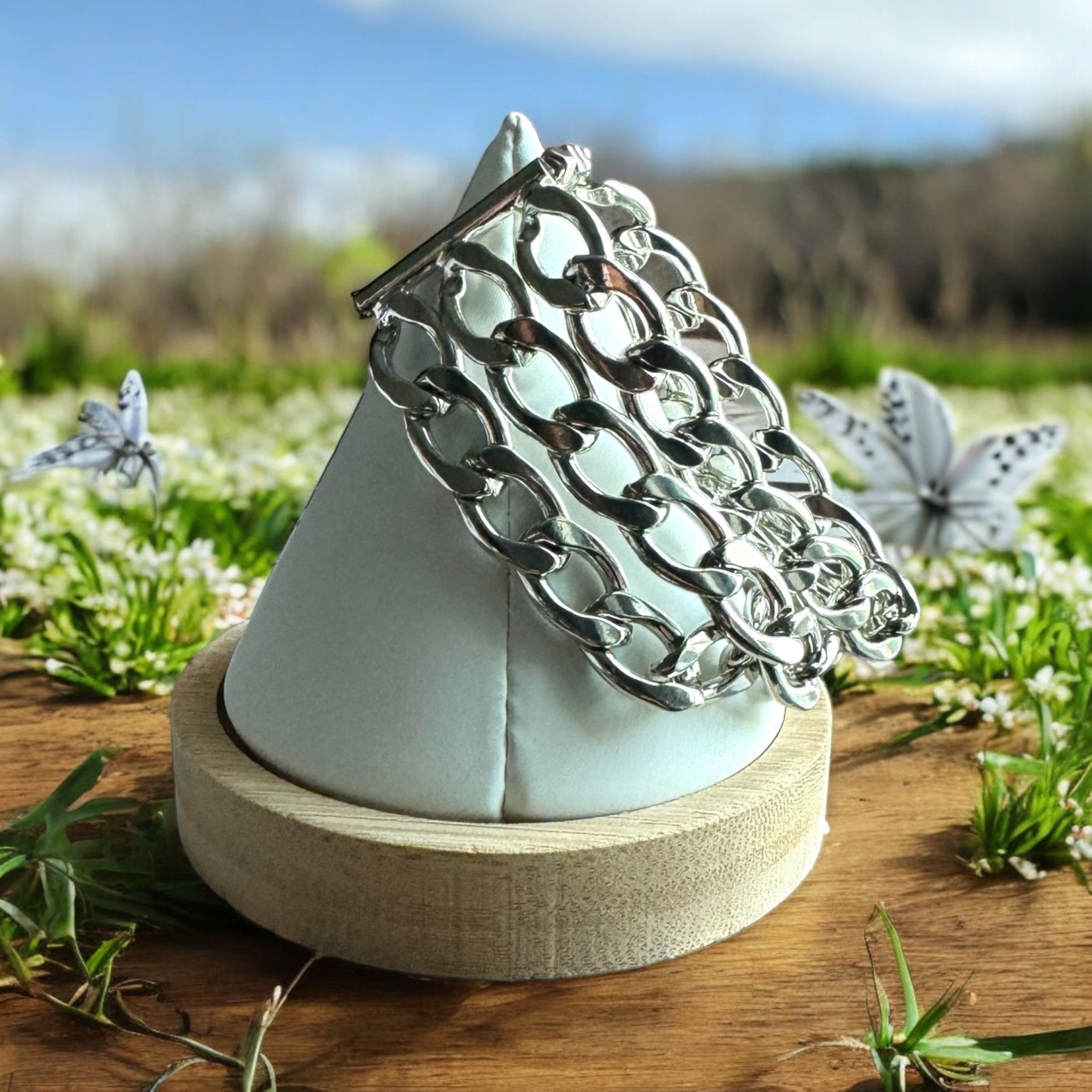 Three Cuban Chain Silver Tone Bracelet - Chunky - Reed House of Jewels