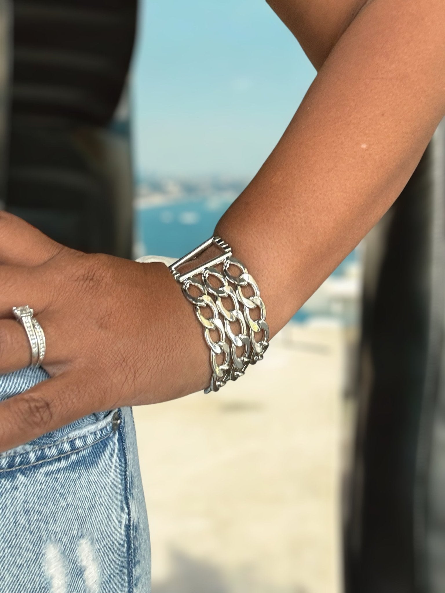 Three Cuban Chain Silver Tone Bracelet - Chunky - Reed House of Jewels