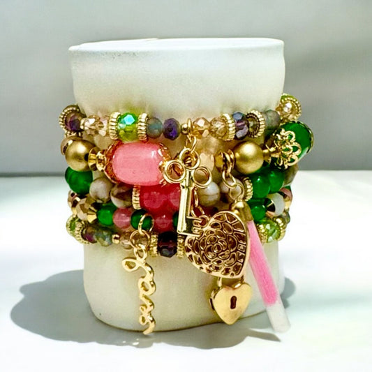 Pink and Green Glass Charm 7 pc Bracelet Stack - Reed House of Jewels