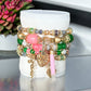 Pink and Green Glass Charm 7 pc Bracelet Stack - Reed House of Jewels