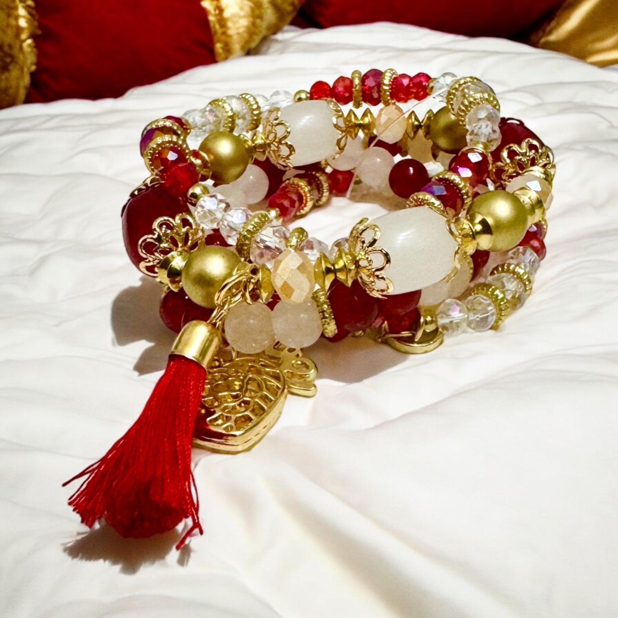 Red and White Glass 5 pcs Charm Bracelet Stack - Reed House of Jewels