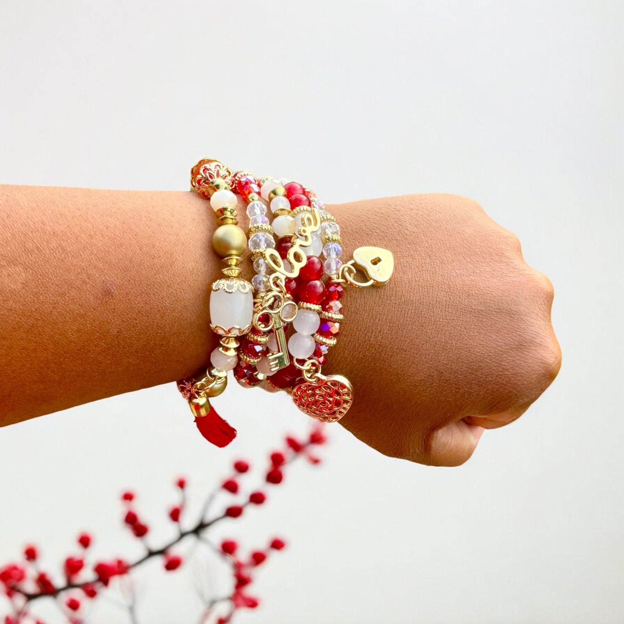 Red and White Glass 5 pcs Charm Bracelet Stack - Reed House of Jewels