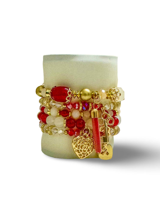 Red and White Glass 5 pcs Charm Bracelet Stack - Reed House of Jewels